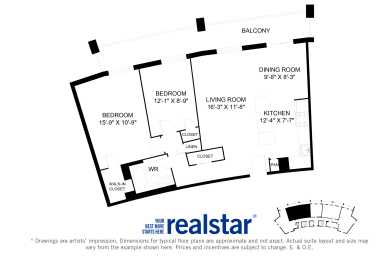 Harbourview Apartments 2-bedroom, 1-bath layout variation A in Oakville, ON