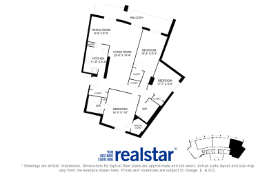 Harbourview Apartments 3-bedroom, 2-bath layout variation A in Oakville, ON