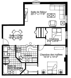 Floor Plan  Two bedroom, one bathroom apartment layout at Heritage Lofts I in Gatineau, QC