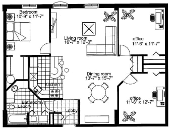 Floor Plan  Two bedroom den, one bathroom apartment layout at Heritage Lofts I in Gatineau, QC