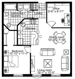 Floor Plan  One bedroom den, one bathroom apartment layout at Heritage Lofts I in Gatineau, QC
