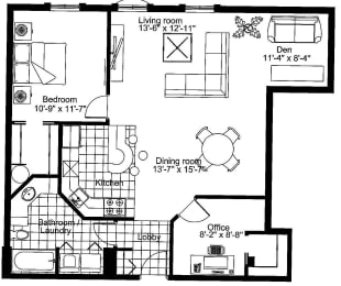 Floor Plan  One bedroom den, one bathroom apartment layout at Heritage Lofts I in Gatineau, QC