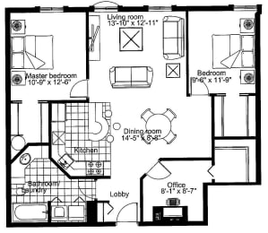 Floor Plan  Two bedroom den, one bathroom apartment layout at Heritage Lofts I in Gatineau, QC
