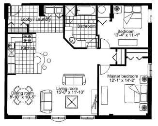Floor Plan  Two bedroom, one bathroom apartment layout at Heritage Lofts I in Gatineau, QC