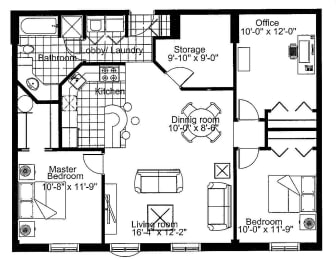 Floor Plan  Two bedroom den, one bathroom apartment layout at Heritage Lofts I in Gatineau, QC