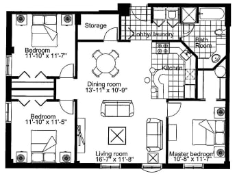 Floor Plan  Three bedroom, one bathroom apartment layout at Heritage Lofts I in Gatineau, QC