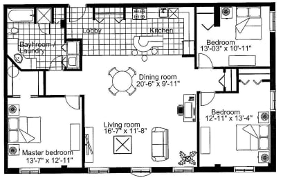 Floor Plan  Three bedroom, one bathroom apartment layout at Heritage Lofts I in Gatineau, QC