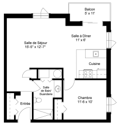 Floor Plan  One bedroom, one bathroom apartment layout at Heritage Lofts II in Gatineau, QC