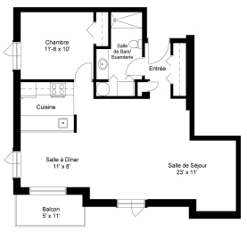 Floor Plan  One bedroom, one bathroom apartment layout at Heritage Lofts II in Gatineau, QC