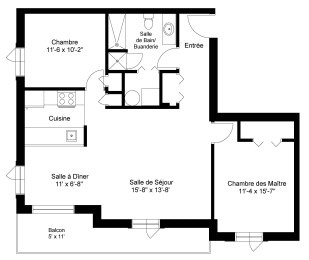Floor Plan  Two bedroom, one bathroom apartment layout at Heritage Lofts II in Gatineau, QC