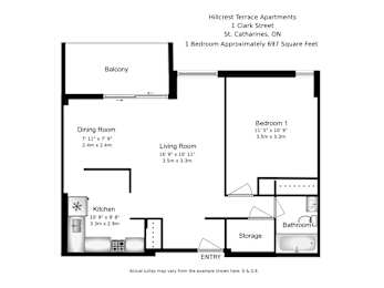 A floor plan of a one bedroom apartment in Hillcrest Terrace Apartments.