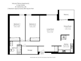 A floor plan for Hillcrest Terrace Apartments shows two bedrooms, a living room, a dining room, a kitchen, a bathroom, storage, and a balcony.