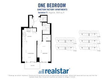 One bedroom, one bathroom apartment layout at Junction Factory Apartments in Toronto, ON