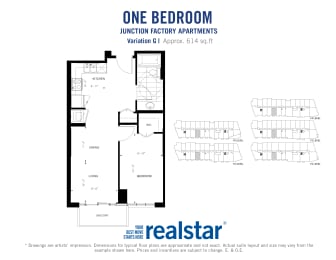 One bedroom, one bathroom apartment layout at Junction Factory Apartments in Toronto, ON