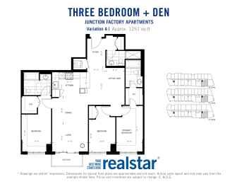 Three bedroom, Three bathroom apartment layout at Junction Factory Apartments in Toronto, ON