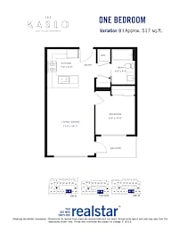 A floor plan for a one bedroom apartment at Kaslo East Village.