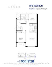 A floor plan for a two-bedroom apartment at Kaslo East Village.