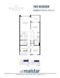 A floor plan for a two bedroom apartment at Kaslo.