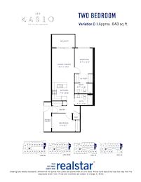 A floor plan for a two-bedroom, two-bathroom apartment at Kaslo East Village.