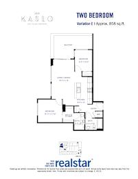 A floor plan for a two-bedroom, two-bathroom apartment at Kaslo East Village.