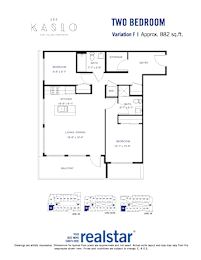 A floor plan for a two-bedroom, two-bathroom apartment at Kaslo East Village.