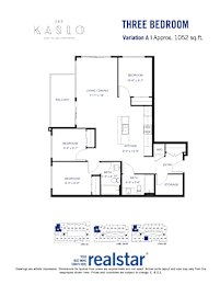A floor plan for a three-bedroom apartment at Kaslo East Village.