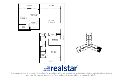 La Salle Towers two bedroom, two bathroom variation B layout in Burlington, ON