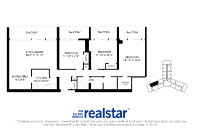 La Salle Towers three bedroom, two bathroom variation A layout in Burlington, ON