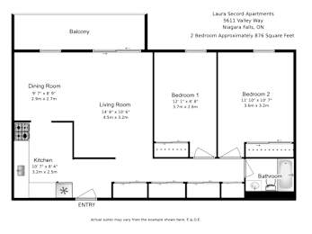 A floor plan of Laura Second Apartments shows the layout of the living and dining areas, kitchen, bathroom, and bedrooms.