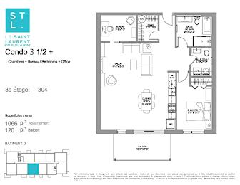 Floor Plan  One bedroom plus den, one bathroom apartment layout at Le Saint-Laurent in Brossard, QC