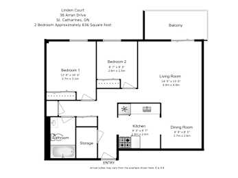 A floor plan of a two bedroom apartment with a living room, dining room, kitchen and bathroom.