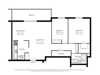A floor plan of a two bedroom, one bathroom apartment layout at Lorneville Apartments in Cornwall, ON