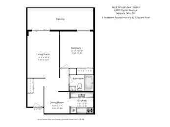 A floor plan of a one bedroom apartment.