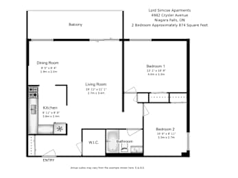 A floor plan of a two bedroom apartment with a kitchen and living room.