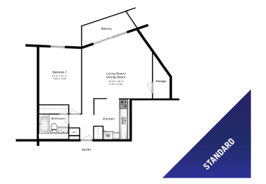 1 bedroom 1 bathroom standard apartment layout at 1450 First Street East in Cornwall Ontario