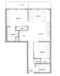 Two bedroom, two bathroom apartment layout at Lynn Creek Apartments in North Vancouver, BC