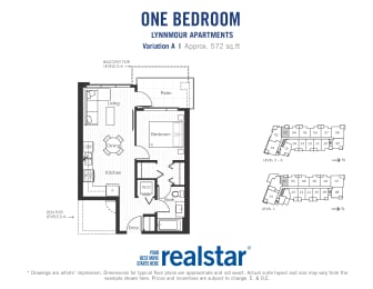 One bedroom, one bathroom apartment layout at Lynnmour Apartments in North Vancouver, BC
