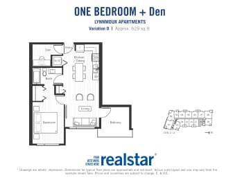 One bedroom den, one bathroom apartment layout at Lynnmour Apartments in North Vancouver, BC