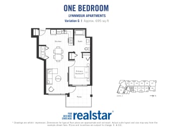 One bedroom, one bathroom apartment layout at Lynnmour Apartments in North Vancouver, BC
