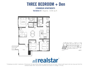Three bedroom den, one bathroom apartment layout at Lynnmour Apartments in North Vancouver, BC