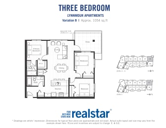 Three bedroom, one bathroom apartment layout at Lynnmour Apartments in North Vancouver, BC