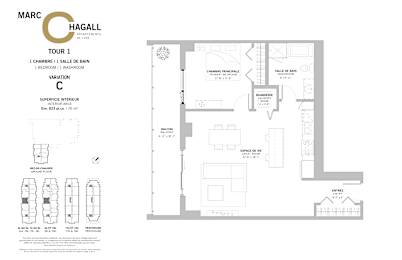 Floor Plan  A floor plan for a one bedroom, one bathroom apartment at Marc Chagall Apartments in Côte Saint-Luc.