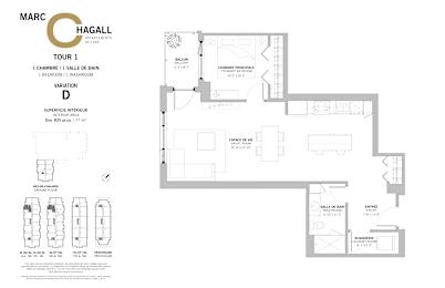 Floor Plan  A floor plan for a one bedroom, one bathroom apartment at Marc Chagall Apartments in Côte Saint-Luc.