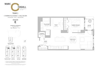 Floor Plan  A floor plan for a one bedroom, one bathroom apartment with a den at Marc Chagall Apartments in Côte Saint-Luc.