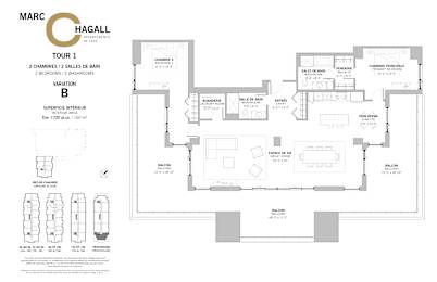 Floor Plan  A floorplan for a 2 bedroom, 2 bathroom penthouse with a large terrace at Marc Chagall Apartments in Côte Saint-Luc.