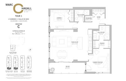 Floor Plan  A floor plan for a two bedroom, two bathroom apartment at Marc Chagall Apartments in Côte Saint-Luc.