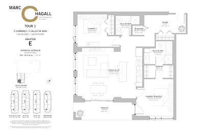 Floor Plan  A floor plan for a two bedroom, two bathroom apartment at Marc Chagall Apartments in Côte Saint-Luc.