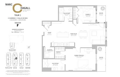 Floor Plan  A floor plan for a two bedroom, two bathroom apartment at Marc Chagall Apartments in Côte Saint-Luc.