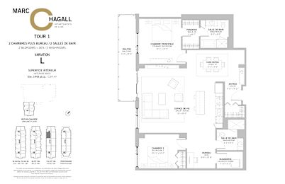 Floor Plan  A floor plan for a two bedroom, two bathroom apartment with a den at Marc Chagall Apartments in Côte Saint-Luc.