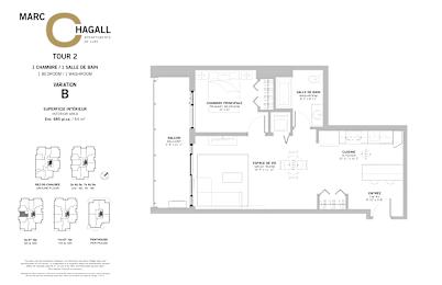 Floor Plan  A floor plan for a property by Marc Hagall shows a bedroom, a living room, a kitchen, and a bathroom.